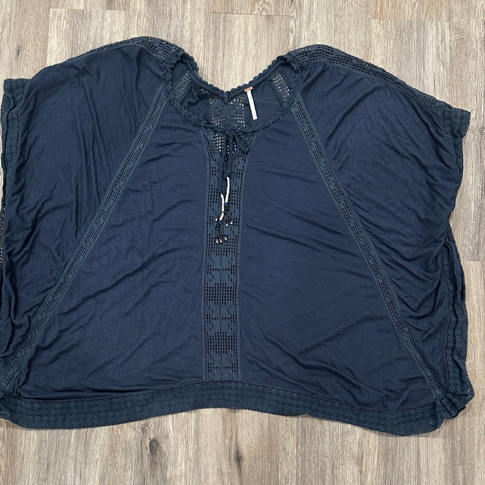 Free People Oversized Navy Crochet Trim Top